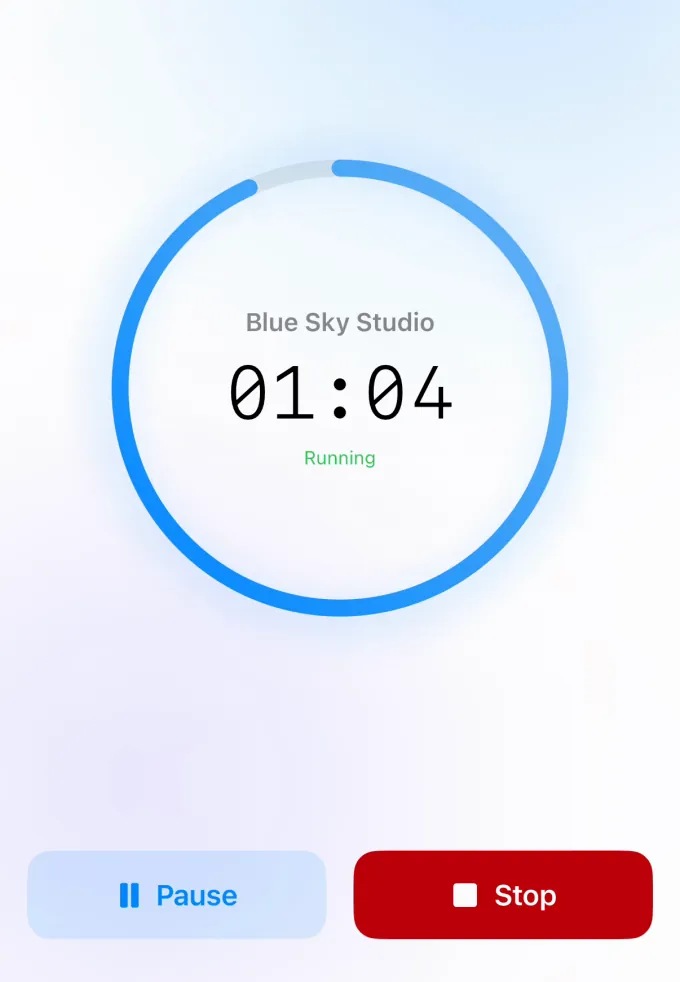 Tally on iPhone with a timer running for Blue Sky Studio at 1 minute 4 seconds, with Pause and Stop buttons